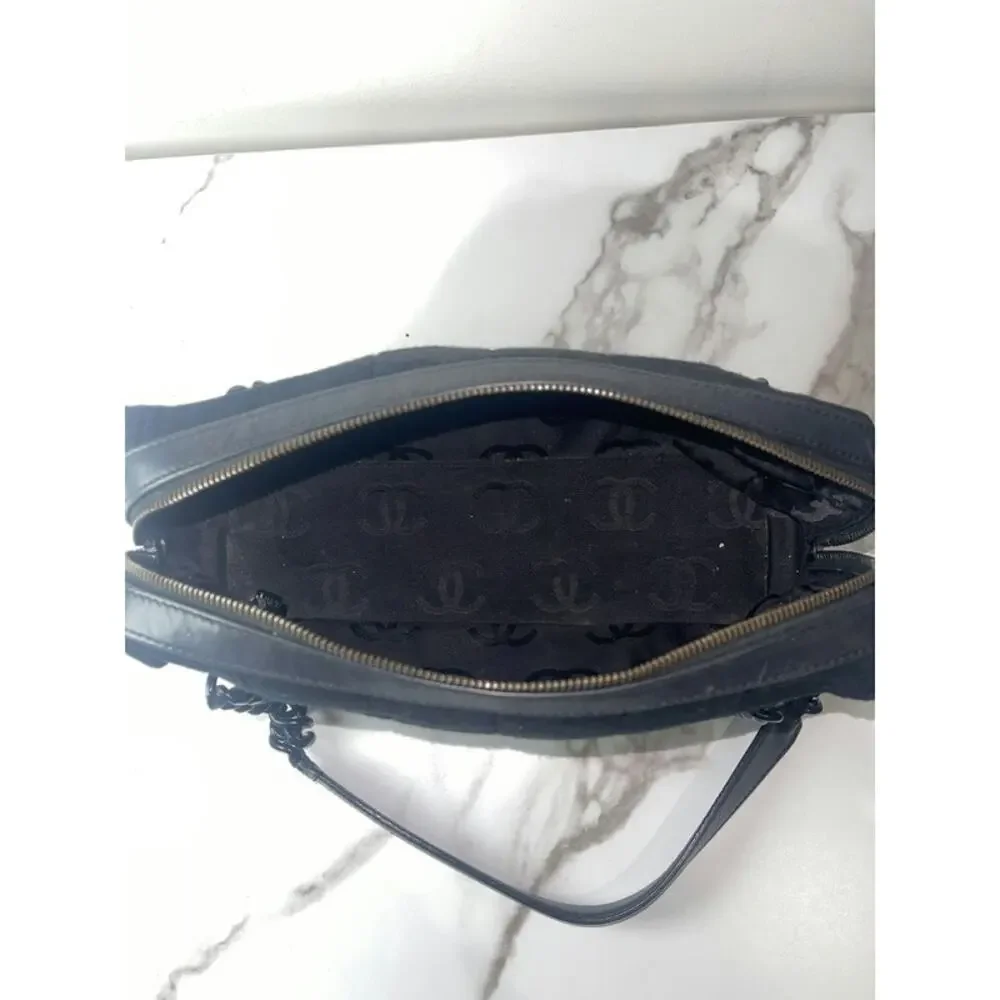 Chanel Black Fabric Quilted Handbag with Silver CC Logo
